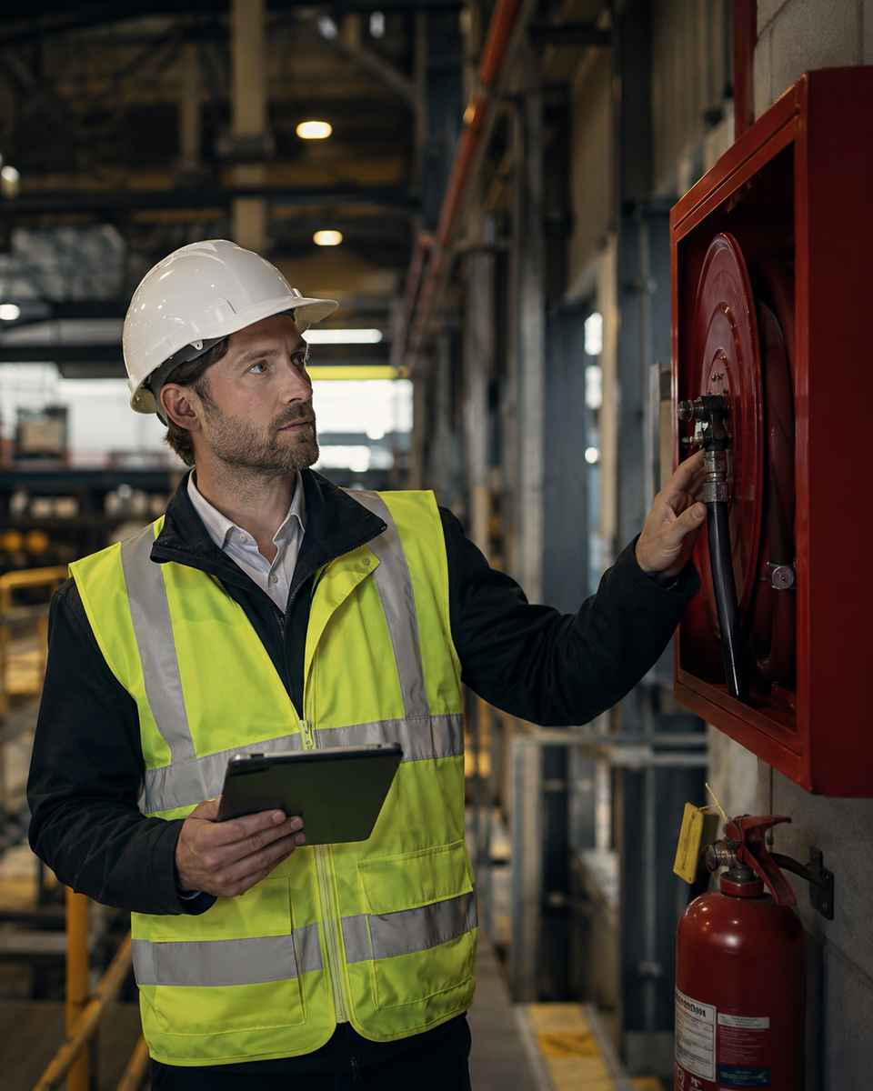 Fire safety consultant carrying out an on-site inspection in an industrial setting